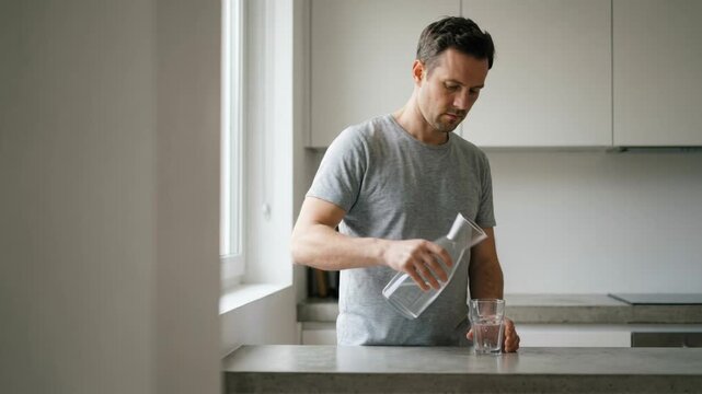 Man pouring water from a carafe into a glass in a modern kitchen for home healthcare and hydration concept.