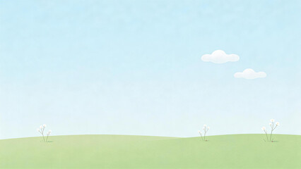 Fototapeta premium A serene landscape illustration featuring green hills, white flowers, and a clear blue sky with soft clouds. Perfect for nature-themed backgrounds or tranquil scenes.