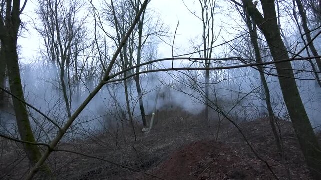 A cannon, an armored combat vehicle shoots from a protected position. The tank is underground, only the muzzle extends outward, from which a shot is fired at the target. Defending the positions of the