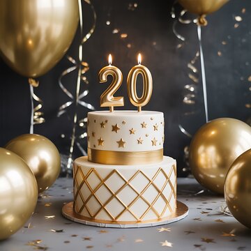 Decadent two-tier birthday cake displays golden number 20 candles.