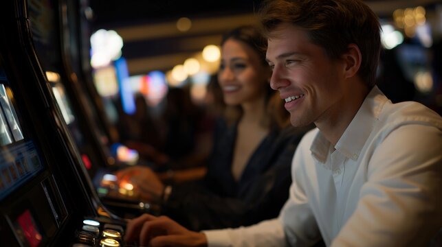 Interactive digital slot machine with dynamic graphics and engaging animations captivating players in a modern casino environment. Bright neon colors and upbeat music set a lively scene filled with
