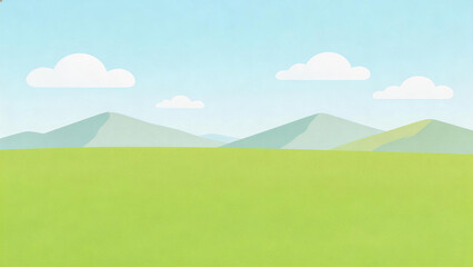 Fototapeta premium Abstract minimalist landscape illustration with green fields, distant mountains, white clouds, and a light blue sky, conveying a serene and peaceful outdoor scene.