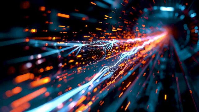 High Speed Data Stream with Glowing Orange and Blue Light Trails Racing Through Digital Network Tunnel