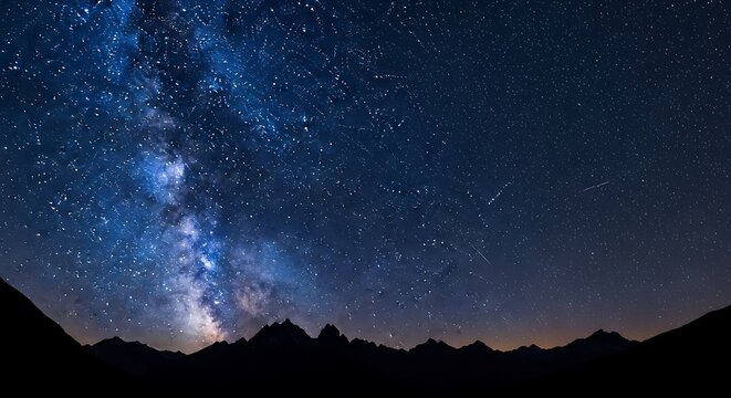 Astrophotography captures the brilliant glowing core of the milky way galaxy over dark mountain silhouettes