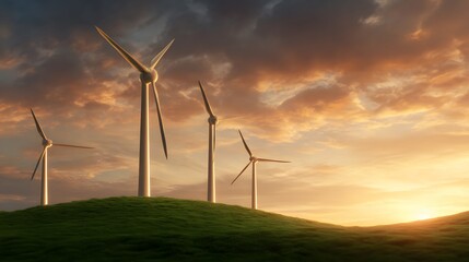 Wind Turbines at Sunset: A picturesque scene of wind turbines atop a grassy hill against a vibrant sunset. Capturing the essence of renewable energy and sustainable practices.