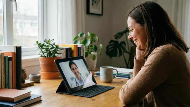Woman having online telehealth consultation with female doctor on tablet, home healthcare video call for virtual medical exam.