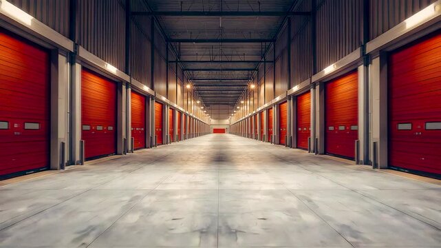 Long Industrial Storage Corridor with Red Roll Up Doors and Concrete Floor Inside Modern Warehouse Facility