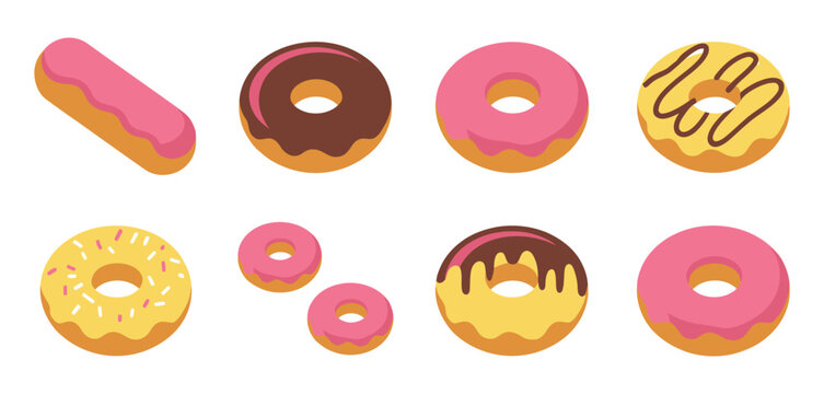 Assorted doughnut and pastry vector set with pink glaze, chocolate drip, cruller ring, and sponge cake, colorful cafe bakery sweets collection illustration