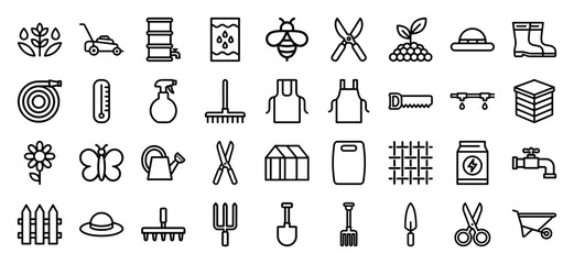 Naklejka premium Gardening and sustainable agriculture monoline pictograms for backyard landscaping, organic farming, and urban horticulture maintenance projects.