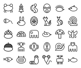 Fototapeta premium Abstract nature and wildlife pictograms in a chunky geometric monoline style. Minimalist organic elements for environmental branding and children's educational graphics.