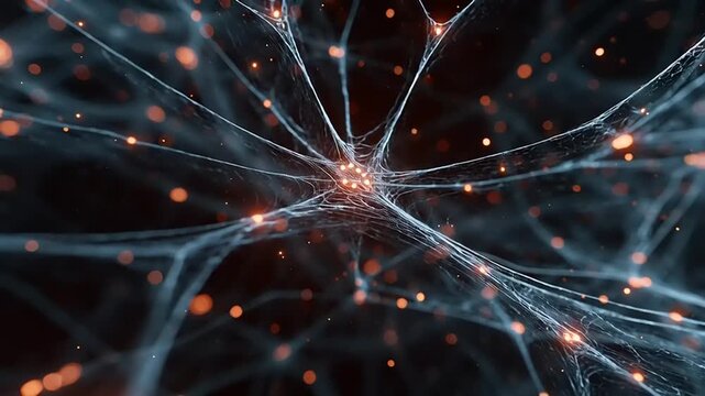Complex Network Visualization with Interconnected Nodes and Lines in a Dark Environment from a Close-up Viewpoint