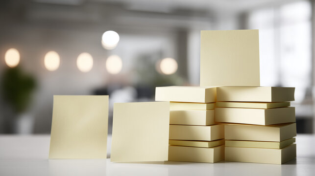 Stacked Sticky Notes on Desk: A collection of fresh, yellow sticky notes stands in ordered stacks on a desk. The neat arrangement symbolizes organization and productivity in a bright.
