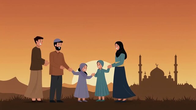 Eid al-Fitr Muslim Family Greeting Animation &ndash; Parents and Children Asking Forgiveness, Flat Art Detailed 4K
