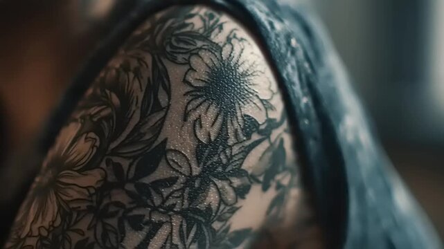 A person showcasing their arm with intricate flower tattoos, close-up view