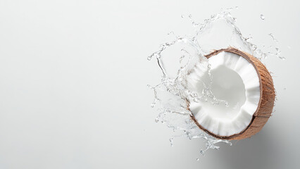 A dynamic splash of pure refreshing water surrounds a freshly cracked tropical coconut displaying its white flesh on a clean bright background
