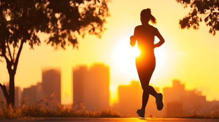 Silhouette of Running Figure: A dynamic silhouette of a person jogs purposefully against a backdrop of a vibrant sunrise, representing energy and the pursuit of a healthy lifestyle.