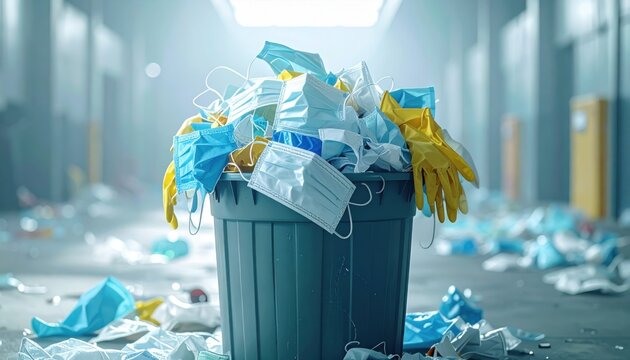 FlyPro Firefly Overflowing bin of discarded face masks and gloves, harsh utility lighting
