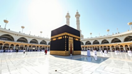 Fototapeta premium kaaba in mecca on white marble square with clear sky and bright sunlight empty surrounding view from floor concept of religious tourism, spiritual photography, islamic heritage