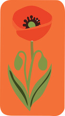 Vibrant red poppy flower on orange background with green leaves and buds