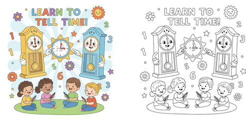 Fototapeta premium Learn to tell time educational vector illustration and black and white coloring book page for kids with cute cartoon clocks, diverse children, and numbers.