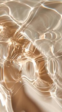 Bright sunlight reflecting and rippling on clear water surface over sand background.