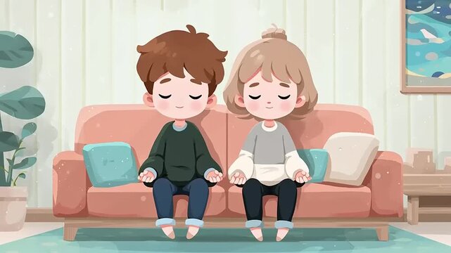 Two chibi siblings sitting together on a couch in a cozy living room scene from a straight-on view