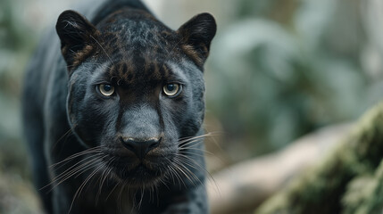 Naklejka premium Black Panther's Gaze: A captivating portrait of a sleek black panther, its intense eyes conveying a sense of mystery and power, as it emerges from the lush, verdant embrace of the forest.
