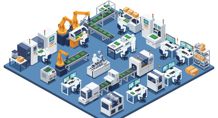Obraz premium Isometric view of an advanced electronics manufacturing facility with robots and workers on an automated assembly line.