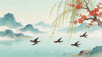 Naklejka premium Traditional Chinese painting depicting spring landscape with swallows, cherry blossoms, willow branches, misty mountains, and serene waters under a light blue sky.