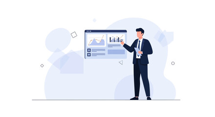 Businessman presenting data analytics on a digital screen, business growth concept