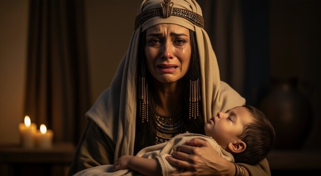 Dramatic portrait of a crying ancient Egyptian mother holding her deceased firstborn child. Biblical scene of the tenth plague