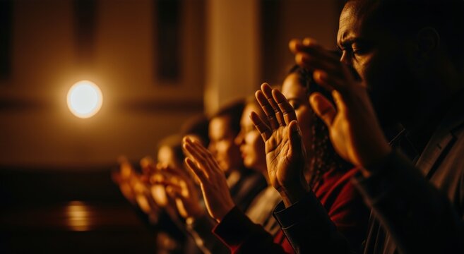 Group of diverse people praying with raised hands in a dark church. Close up of hands in worship during a religious service. Faith and spirituality concept