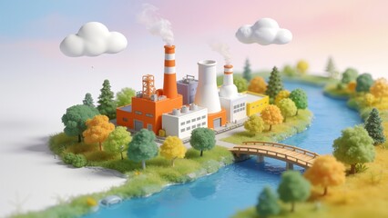 Miniature factory by river with bridge