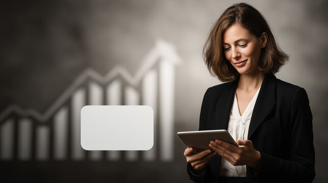 Businesswoman and Growth Chart: A sharp businesswoman, engrossed in her tablet, stands before an ascending growth chart, symbolizing progress, financial gains, and business acumen.