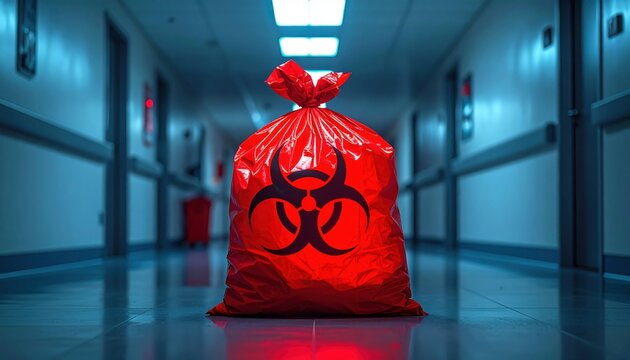 FlyPro Firefly High-resolution photographic style showcasing a bright red biohazard waste bag tied securely, illuminated by stark overhead lighting.