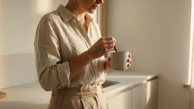 Woman stirring coffee or tea in a mug in home kitchen setting. Daily morning routine and self care concept.