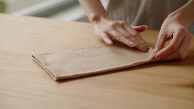 Closeup Of Hands Delicately Organizing Reusable Cloth On Wooden Surface In Peaceful Kitchen Setting