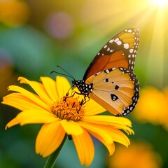 Obraz premium A butterfly with orange and black wings perches on a bright yellow flower