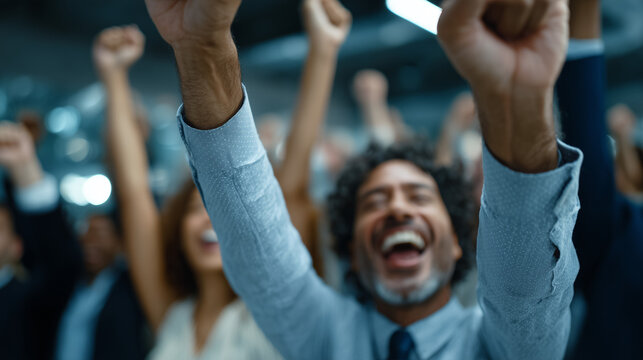 Triumphant Crowd in Celebration: A joyous crowd of business individuals celebrates a shared achievement, their raised fists and elated faces radiating an infectious energy of triumph and success. 