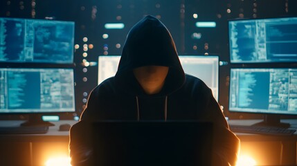 Cyber Intruder: An ominous figure shrouded in a hooded sweatshirt, poised before a glowing array of computer screens, the very embodiment of digital deceit and clandestine activity.