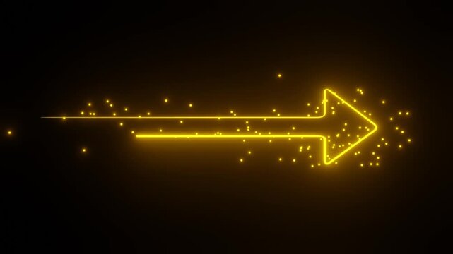 Loop animation video of glowing golden pointer arrow 4k motion graphic with glittering dust pointing arrow right direction on black background