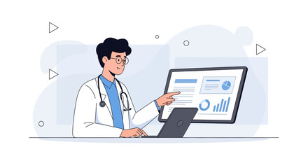 Doctor Presenting Medical Data on Digital Screen with Laptop