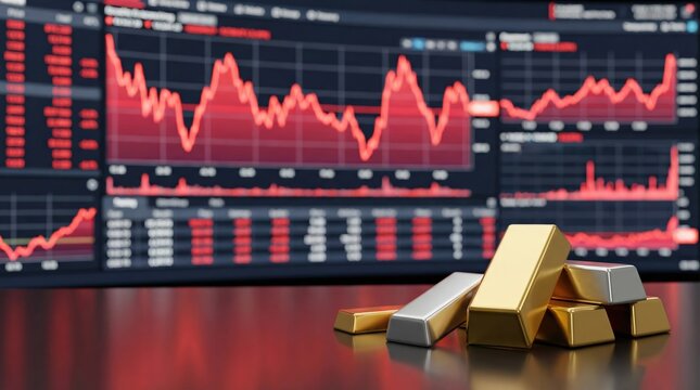 Gold and silver bars placed on a reflective table in front of a digital stock market screen showing red decline charts for financial crisis and investment concept.