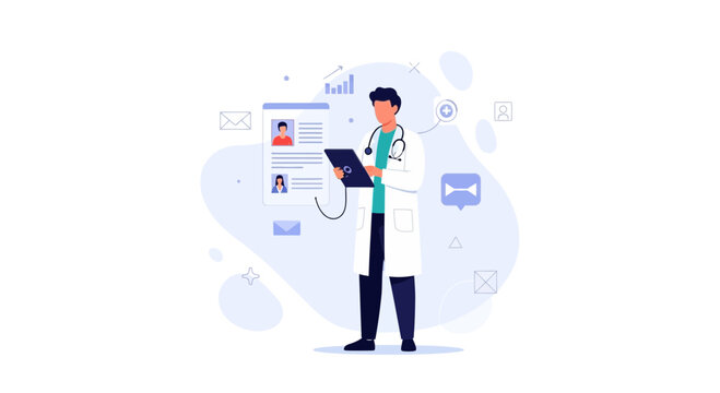 Doctor Using Tablet with Medical Data and Icons, Healthcare Technology Concept