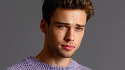 Obraz premium Young Man with Single Tear and Melancholy Expression