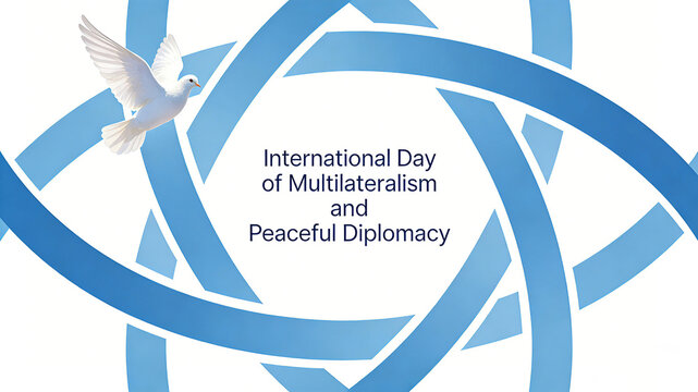 The blue interwoven ring and peace dove represent the vision of multilateral cooperation and peaceful diplomacy, as well as the promotional scene for International Day on April 24th.
