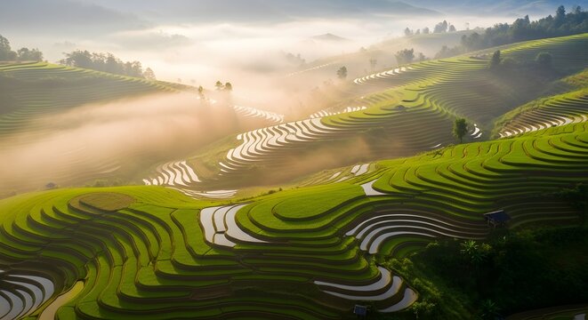 Stunning vibrant green rice terraces cascade down misty morning mountainsides bathed in golden sunlight during sunrise.