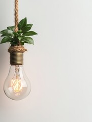 Green idea growing from a glowing light bulb on a natural rope against white background