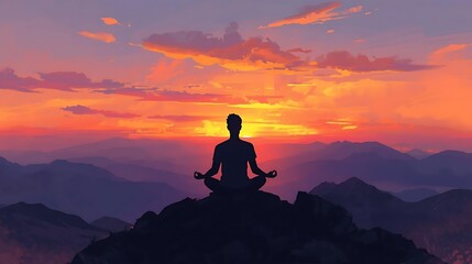 Silhouette of a person meditating at sunset on a mountain peak with a serene sky
