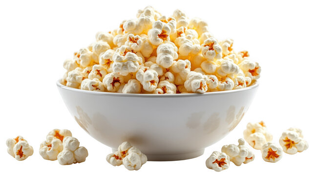 A large white bowl filled with freshly popped popcorn spilling over the edges isolated on transparent background